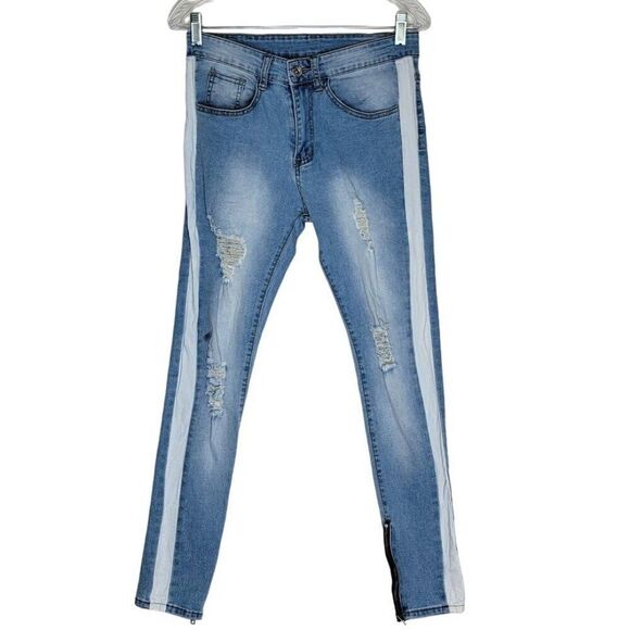 Women's Distressed Skinny Jeans With Side Stripes Size 28 Stretch Denim 29x29 - Picture 1 of 8